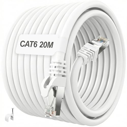 ikbc LAN Kabel 20m Geschirmt, Cat 6 Netzwerkkabel 20m FTP Abschirmung Ethernet Kabel, High Speed RJ45 Kabel 20 m Outdoor, Gigabit 23AWG Patchkabel Weiß für Router (20 kabelschellen)
