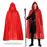 YAUOIPI 150 cm/59'' Rojo Capa Vampiro, Capa con Capucha Largo Medieval Disfraz Muerte,Túnicas de Mago Accesorios de Cosplay de Bruja para Adultos Fiesta de Halloween y Navidad (Rojo)