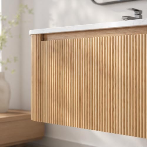 Image of 42 Inch Wall Mounted Bathroom Vanity with Ceramic Sink, Pre-Assembled Floating Vanity Cabinet with Cararra Artificial Countertop, Wave Texture Finish & Drawer, Wood