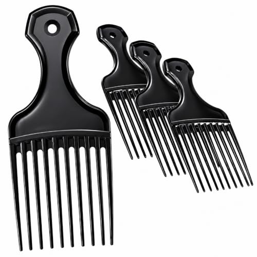 Vakly Afro Hair Pick Comb 5.25 in (4 Pack) Wide Tooth Lift Picks for Curly Thick and Natural Hair Plastic Detangling Comb for Volume Wigs and Beards