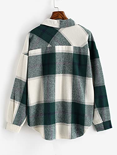 Zaful Women's Casual Pocket Plaid Button Down Shirt Wool Blend Thin Jacket Drop Shoulder Coat #TOP2