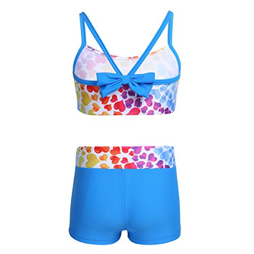 MSemis Girls' Kids 2-Piece Sport Dance Outfit Crop Top with Booty Shorts Gymnastics Leotard Dancing Swimwear Sky Blue Heart 5-6 - Thumbnail 2