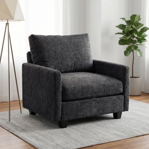 Image of Singel Seat Modern Couches for Living Room, 38 inch Single Sofa with Storage | High Resilience Foam, 22 inch Seat Depth, Movable Ottoman, Comfy Chenille, Easy Assembly, Black