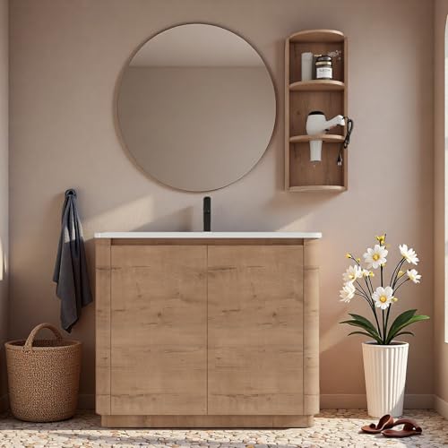 Image of 40 inch Bathroom Vanity with Ceramic Sink, Freestanding Bathroom Vanity with 2-Soft-Close Door, Semicircle Storage Rack & Inside Adjustable Shelves for Home, Farmhouse Floor Mount Vanity, Oak