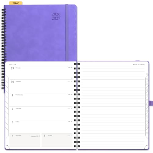 POPRUN Weekly Planner 2026-2027 (July 26-June 27), Large-8.5" x 10.5", Academic Agenda 2026-2027 Calendar Notebook Planner for School, College, Spiral Leather Softcover, 100GSM - Lilac