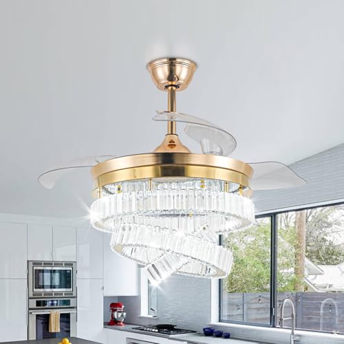 CLAIRDAI 42" Gold Crystal Fandelier, Dimmable Remote Fan