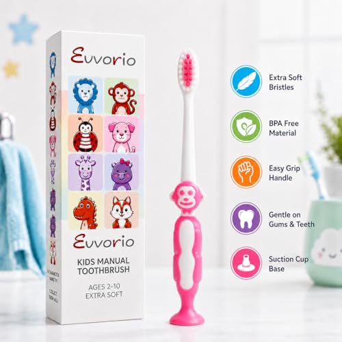 Image of Toothbrush for Kids with Ultra Soft Bristles for Oral Cleaning, Suitable For 2-12 Years Toddlers, Monkey Design, Pink, Pack of 1