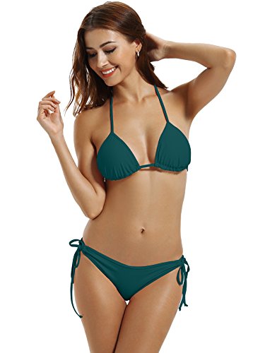 zeraca Women's Tie Side Bottom Triangle Bikini Swimsuits (Large / 14, Everglade Green) - Thumbnail 3