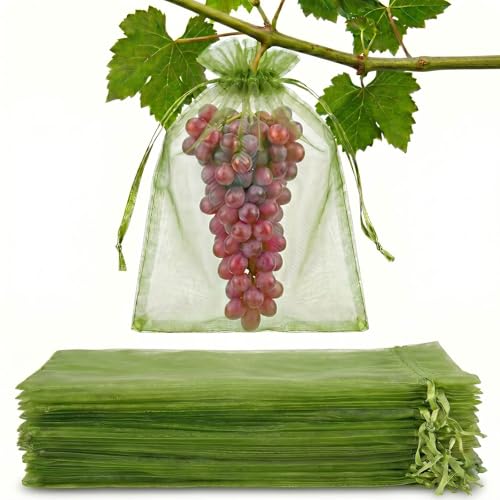 100PCS Fruit Protection Bags, 8x12 Inch Green Garden Mesh Bags for Grapes & Fruit Trees, Breathable Organza Netting Cover Bags for Grapes, Tomatoes, Mangos & Vegetables