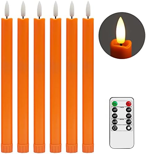 Stmarry Flameless Orange Taper Candles with Remote - 10 Inch LED Candlesticks Flickering, Realistic 3D Flame with Wick, Warm White Light, Thanksgiving Fall Autumn Decor for Home, Timer - Set of 6