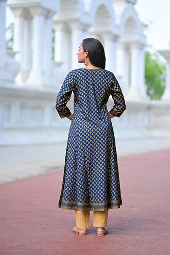 Image of Yash Gallery Women's Rayon Relaxed Fit A Line Golden Floral Printed A-Line Kurta