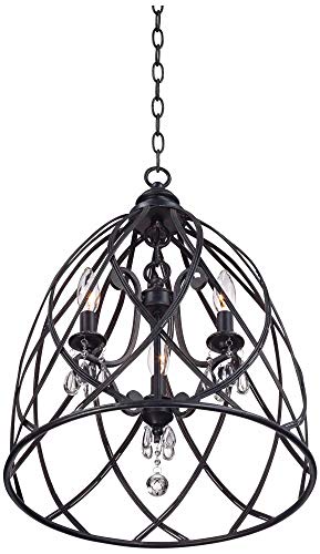 Franklin Iron Works Bell Cage Black Pendant Chandelier Lighting 16" Wide Farmhouse Industrial Rustic Crystal 3-Light Fixture For Dining Room Living House Home Foyer Kitchen Island Entryway Bedroom #TOP4