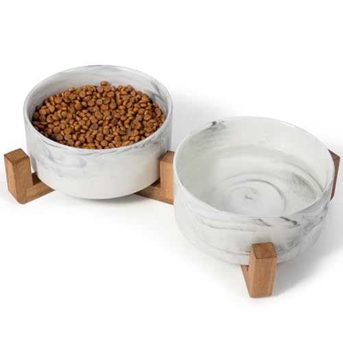 Dog Bowls Set with Wood Stand, 1.7-Cup Ceramic Puppy Bowls for Small Dogs,Weighted Food Water Bowl Set for Dog and Cat