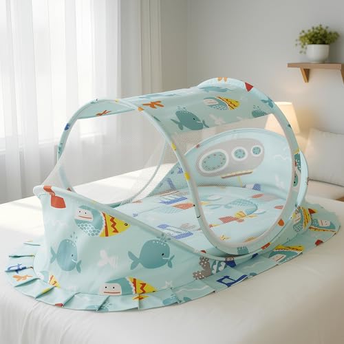 Image of StarAndDaisy Baby Mosquito net for Baby 0-12 Months with Mattress & Head Pillow for Infants, Toddlers, Baby, Breathable mesh-Mosquito Net for Baby's Peaceful Sleep - Aqua Print