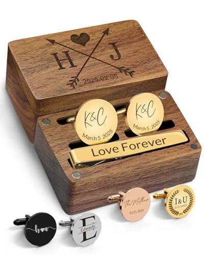 Boutons de manchette personnalisés pour homme - Initiales gravées - Cadeau de mariage pour mari et homme, size, Acier inoxydable, Pas de gemme