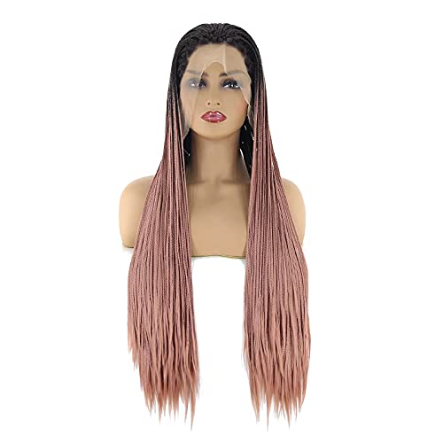 BTWTRY Synthetic Lace Front Wig Black Ombre Rose Gold Micro Braided Wigs for Black Women Daily Wear Heat Resistant Fiber Hair (24inch, 1B/Rose Gold)