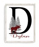 Personalized Woodland Moose Buffalo Plaid Baby Boy Nursery Decor Unframed Print - Baby Name Letter Initial Monogram