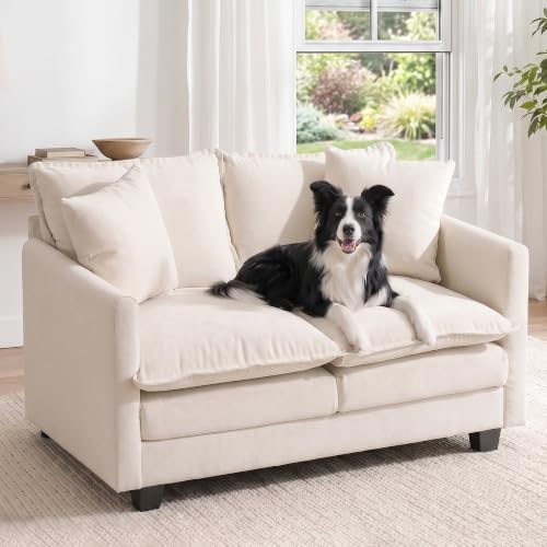 2-Seater Cloud-Like Loveseat Sofa with 27" Deep Seat & 3-Layer Cushion, Pet-Friendly Chenille, Washable Pillow Covers, Compact Small Couch for Living Room, Bedroom, Office, Apartment, Beige