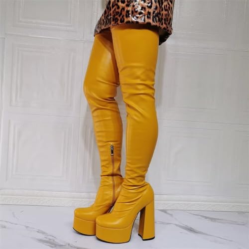 Frankie Hsu Punk Platform Chunky Over The Knee Boots, Gogo Deep Yellow Loli Colorful Thigh High Style, Large Big Size Fashion Cool Lovely Cute Goth Heeled Long Tall Shoes For Women2