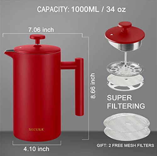 Image of Secura French Press Coffee Maker, 304 Grade Stainless Steel Insulated Coffee Press with 2 Extra Screens, 34oz (1 Litre), Red (Pack of 12)