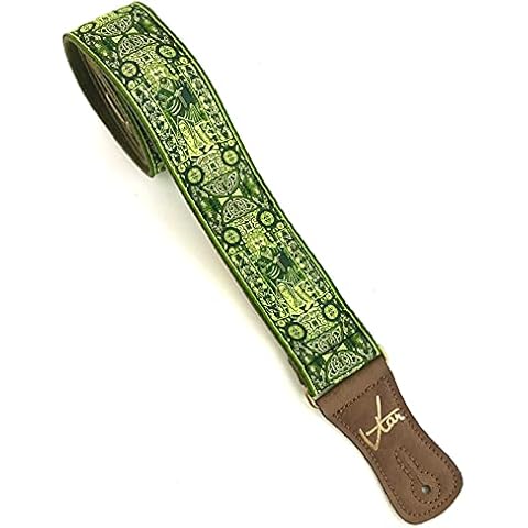 1to1 Music Vtar Guitar Strap -Green Irish Celtic Book of Kells Handmade with Vegan Leather Cover