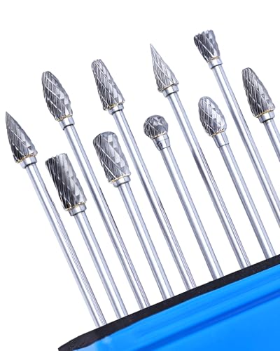 Image of HIPULX 10-Piece Cut Carbide Burr Set - 1/8" Shank Rotary Tool Bits, 1/4" Head Tungsten Carbide Rotary Burr with Stepped Head Welding for Tight Area Metal, Wood, Stone - with Storage Box(Total L 4"+)