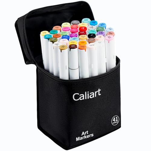 Caliart Art Markers, 41 Colors Alcohol Based Markers Pen Set Colored Dual Tip Fine & Chisel Permanent for Adults Coloring Book Drawing Illustration Sketch Highlighters Card Making