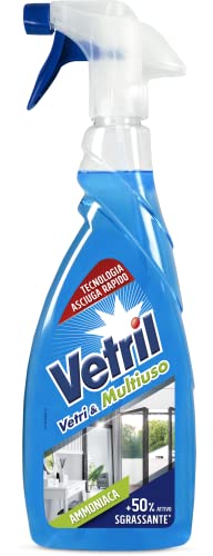 Vetril - Detergente Spray Vetri e Superfici con Ammoniaca, Azione Sgrassante e Brillantezza Senza Aloni, 650 ml x 4 - Immagine 1