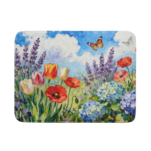 Spring Dish Drying Mat for Kitchen Counter 18x24, Floral Decorative Absorbent Reversible Microfiber Kitchen Countertop Protector Dishes Drainer Pad, Flower Butterfly