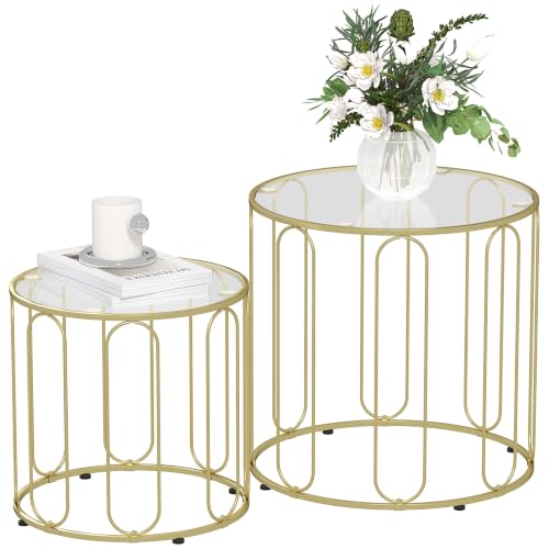 HOMCOM Round Coffee Table Set of 2 Glass Nest of Tables Gold Tone
