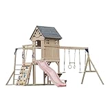 AXI Duncan Aire de Jeux en Bois, 2 Balançoires, 1 Toboggan   Rose Pastel | Maisonnette/Equipement de Jeux XXL pour Enfants avec Structure d'escalade, Barres Fixes et Trapèze | pour Le Jardin