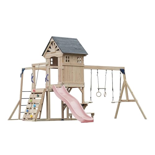 AXI Duncan Aire De Jeux en Bois, 2 Balançoires, 1 Toboggan - Rose Pastel | Maisonnette/Equipement De Jeux XXL pour Enfants avec Structure d'escalade, Barres Fixes Et Trapèze | pour Le Jardin