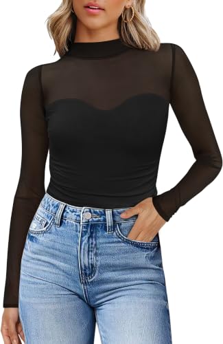 WIHOLL Sexy Tops for Women Date Night Outfits Mesh Long Sleeve Shirts Black