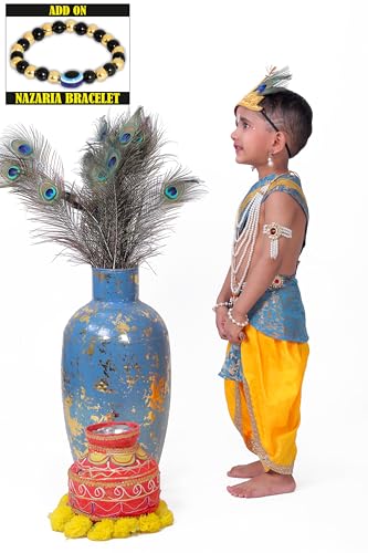 Image of Krishna Dress for Kids, Baby Krishna Dress for Janmashtami with Krishna Mukut, Peacock Feather & Flute Embroidered Krishna Costume for Girl & Boy, 3 Months-8 Years