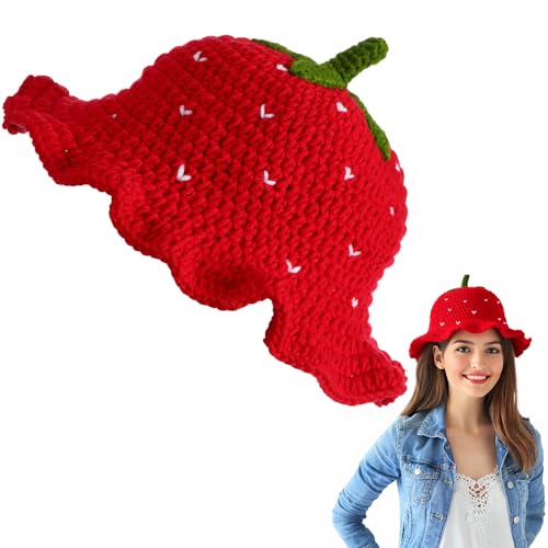Yearntown Crochet Hat for Women Knitted Fruit Annimal Bucket Hat Strawberry