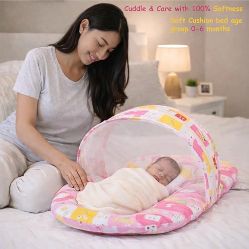Image of Infantbond Designer Mattress with Net | Baby Sleeping Bag | Carry Bed (0-6 Months) (Pink Fox)