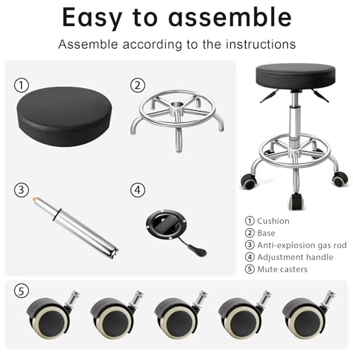 DENGTELI PU Leather Rolling Stool with Foot Rest Round Height Adjustment Swivel Spa Drafting Salon Tattoo Work Office Massage Vanity Stools Task Chair (Black) - Thumbnail 7