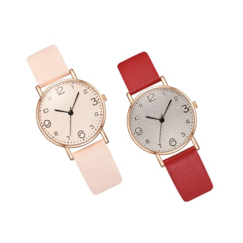 NOLITOY 2 Stück PU Armbanduhr Damen Rot Beige Elegante Quarzuhr mit Komfortablem Armband Klassische Modische Damenuhr für Alltag Arbeit und Freizeit Präzises Zeitmessung