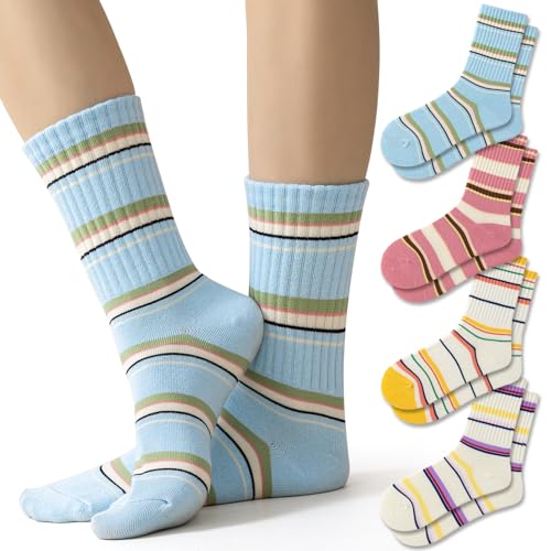 Image of ForBaysy 4 PAIRS Stripe Crew Socks For Women Retro Athltic Socks Casual Cotton Stretchy Novelty Socks Unisex MultiColor, Colourful Srtiped-4pairs, One size