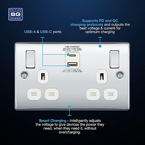 BG Electrical Double Switched Power Socket with Type A and C USB Charging Ports, 13 Amp, Polished Chrome