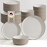 Hausfelder Steingut Geschirrset 24teilig 8 Pers. Steingut Geschirr Set - Schüsseln und Teller Set - Tafelservice 8 Personen Geschirrsets (Nordic Sand, 24-teiliges Set)
