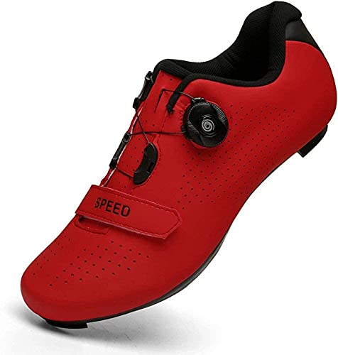 Luomei Chaussures de Cyclisme pour Hommes, Chaussures de Cyclisme sur Route pour Femmes, Boucle de Chaussure Rotative, et Cyclisme en Salle Triangle D'aspect SPD,Red-38 Cover