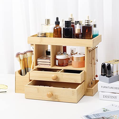 Homde Bamboo Makeup Organizer Cosmetic Jewelry Storage Organizer Multi-Function Make Up Box Stand For Vanity, Desk, Bathroom, Bedroom With Hooks,Drawer,Silicone Lipstick Holder #TOP5