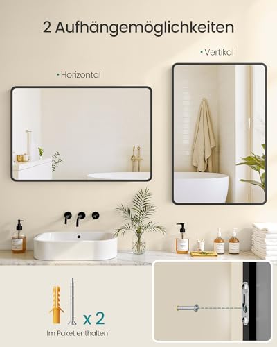 SONGMICS Spiegel für Bad, Wandspiegel, rechteckiger Spiegel, Aluminiumrahmen, 91 x 61 cm, mit Sicherheitsfolie, 2 Aufhängemöglichkeiten, für Wohn-, Schlaf- und Badezimmer, tintenschwarz LWM010BD01