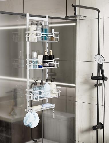 HapiRm Duschablage zum Hängen Weiß - Duschregal Hängend Einstellbar mit 4 Duschkorb, Duschablage Ohne Bohren mit Seifenschale und Haken, Duschablage über der Tür Glaswand & Badezimmertür
