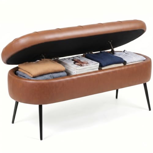 VATROS Storage Ottoman Bench, 43.7"PU Leather End of Bed Bench Walnut Brown
