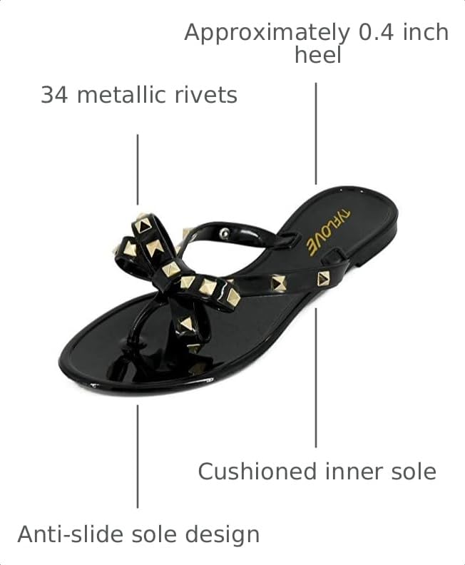Image of TYFLOVE Women Rivet Flip Flops Studded Jelly Thong Sandals with Bow Summer Bowtie Flat Beach Rain Shoes