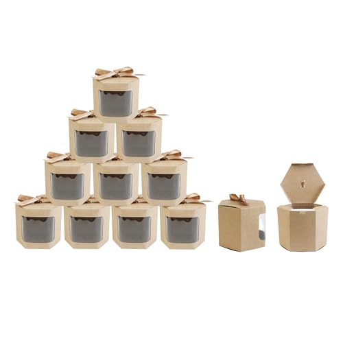 Emartbuy Bolsa de Regalo Hexagonal Papel Fuerte Levántate, 10 cm x 10 cm x 12 cm, Bolso Kraft Marrón Caja de Magdalenas Galletas Mollete Tarta Con Ventana Transparente y Cinta - Paquete de 24