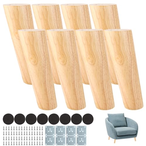 MIVIDE 8 patas para muebles de madera inclinadas de 15 cm, patas de mesa redondas de madera, con placas de montaje y tornillos para sofá, armario, mesas