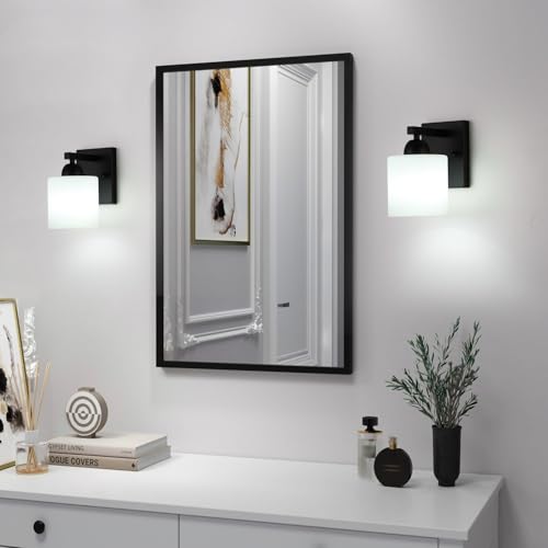 Image of Mecgirn Matte Black Milk Glass Wall Sconces, 1 Pack Hardwired Indoor Wall Light Fixtures for Living Room, Hallway, Bedroom, Ceramic E26 Sockets (Bulbs Not Included)
